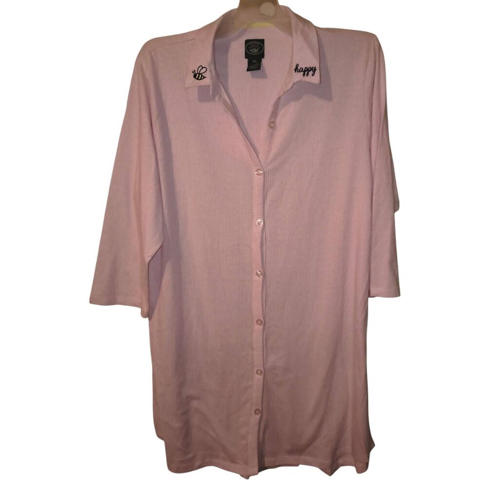 Laura Ashley Nightshirt Women's XL Pink White Striped Sleepshirt Pajama BEE Happ